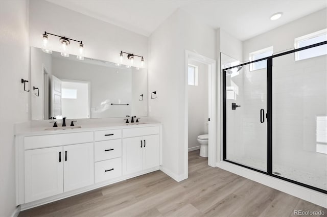 bathroom with vanity, wood-type flooring, a shower with shower door, and toilet