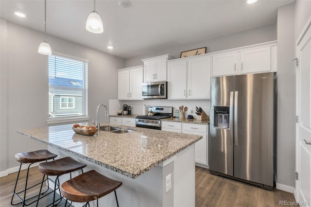 kitchen with a kitchen island with sink, stainless steel appliances, wood finished floors, a sink, and tasteful backsplash