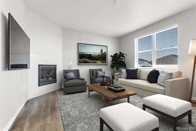 living room with hardwood / wood-style flooring and a fireplace