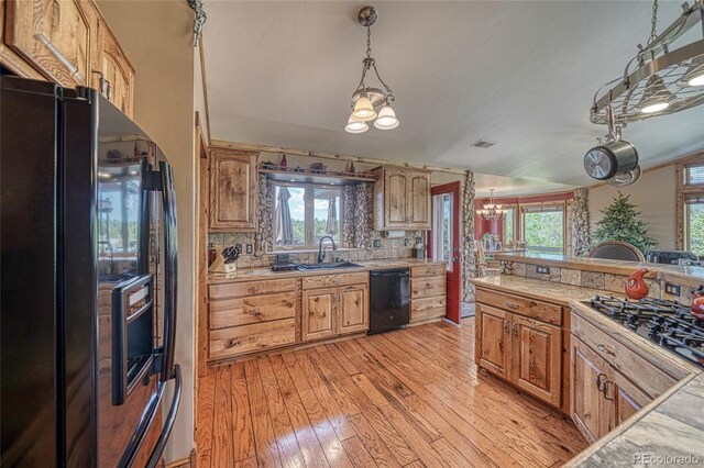 12850 County Road 261k, Nathrop, CO 81236 - kitchen featuring black appliances, a chandelier, light wood-style floors, light countertops, and plenty of natural light
