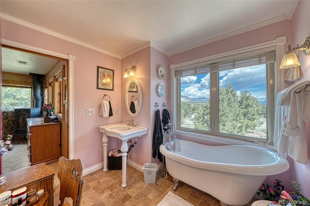 12850 County Road 261k, Nathrop, CO 81236 - bathroom with a soaking tub, a wood stove, and ornamental molding