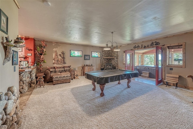 12850 County Road 261k, Nathrop, CO 81236 - playroom with pool table, carpet floors, and a stone fireplace