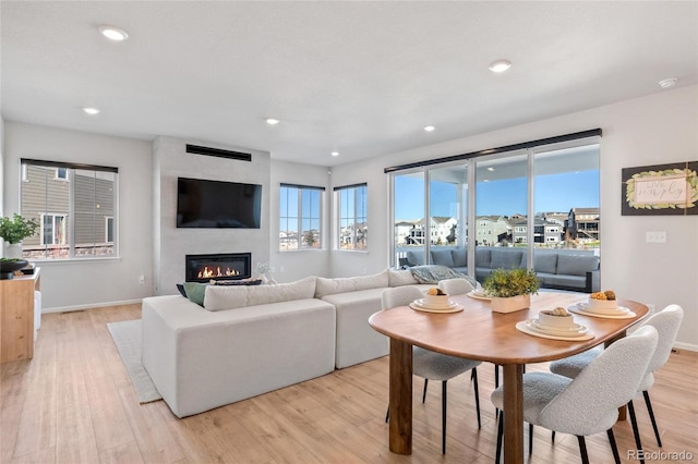 living room featuring a large fireplace and light hardwood / wood-style flooring