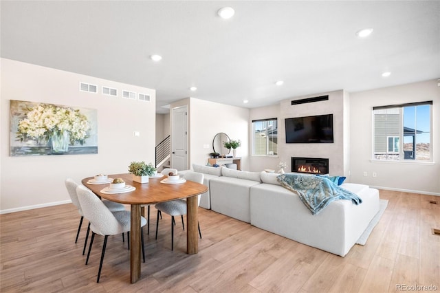 living room featuring light wood-type flooring, a large fireplace, and a healthy amount of sunlight