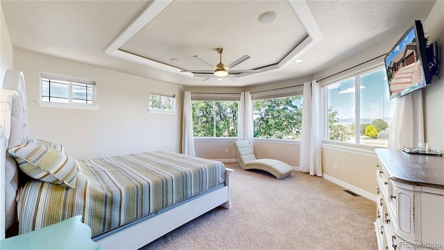 1246 Highland Pl, Erie, CO 80516 - bedroom featuring a tray ceiling, light colored carpet, and a ceiling fan