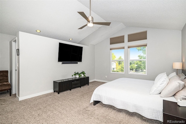 9673 Pinebrook St, Highlands Ranch, CO 80130 - carpeted bedroom with a textured ceiling, vaulted ceiling, baseboards, a ceiling fan, and recessed lighting