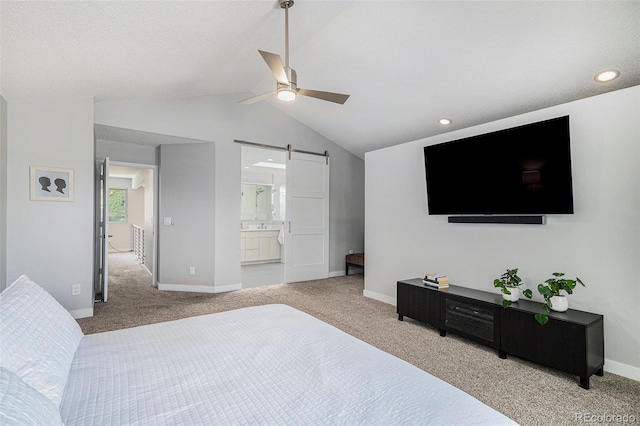9673 Pinebrook St, Highlands Ranch, CO 80130 - bedroom with lofted ceiling, carpet floors, a barn door, baseboards, and ceiling fan