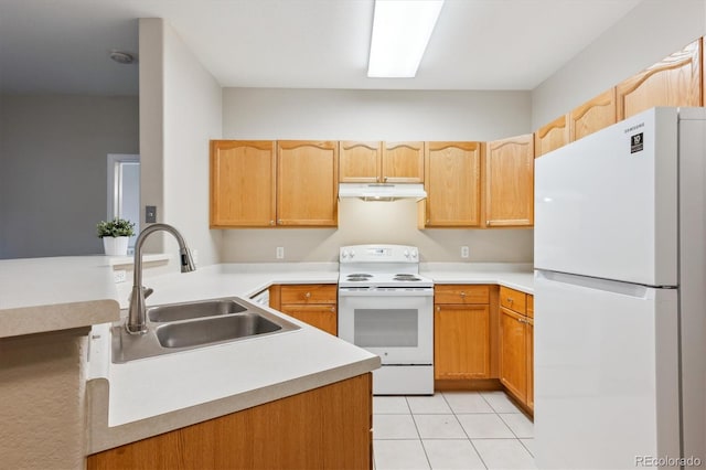 9692 W Coco Cir Unit 103, Littleton, CO 80128 - kitchen with white appliances, under cabinet range hood, a sink, light tile patterned floors, and light countertops