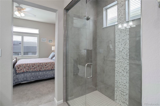 6330 Lythmore Grv, Colorado Springs, CO 80927 - ensuite bathroom with a shower stall and ceiling fan