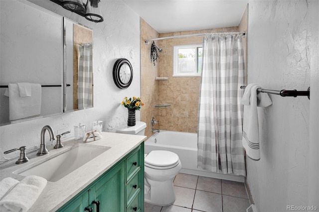 6353 W 78th Ave, Arvada, CO 80003 - bathroom featuring vanity, tile patterned floors, shower / bath combo with shower curtain, and a textured wall