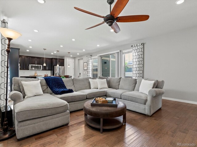 5439 Verbena St, Denver, CO 80238 - living room with ceiling fan, hardwood / wood-style floors, recessed lighting, and baseboards