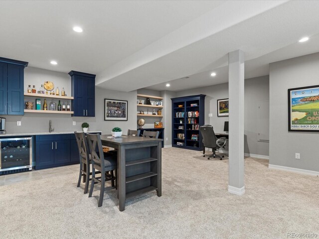 5439 Verbena St, Denver, CO 80238 - home office featuring beverage cooler, bar with sink, recessed lighting, light colored carpet, and baseboards