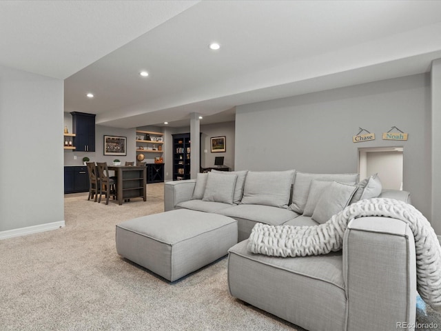 5439 Verbena St, Denver, CO 80238 - living room featuring light carpet, recessed lighting, a dry bar, and baseboards