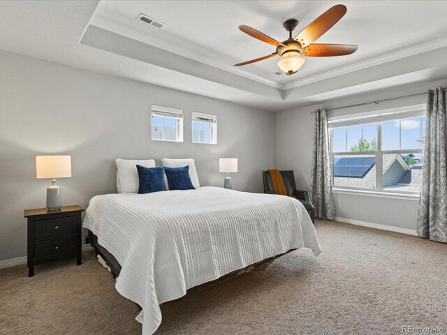 5439 Verbena St, Denver, CO 80238 - bedroom with a tray ceiling, ornamental molding, multiple windows, and carpet flooring