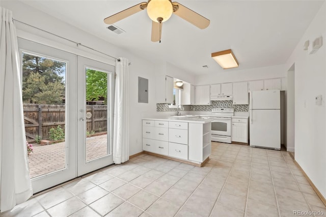 kitchen featuring sink, tasteful backsplash, electric panel, white appliances, and white cabinets