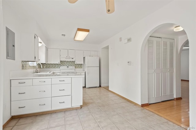 kitchen featuring sink, white appliances, backsplash, electric panel, and white cabinets