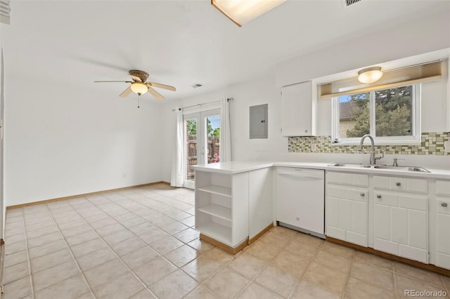 kitchen featuring sink, white cabinetry, backsplash, white dishwasher, and kitchen peninsula