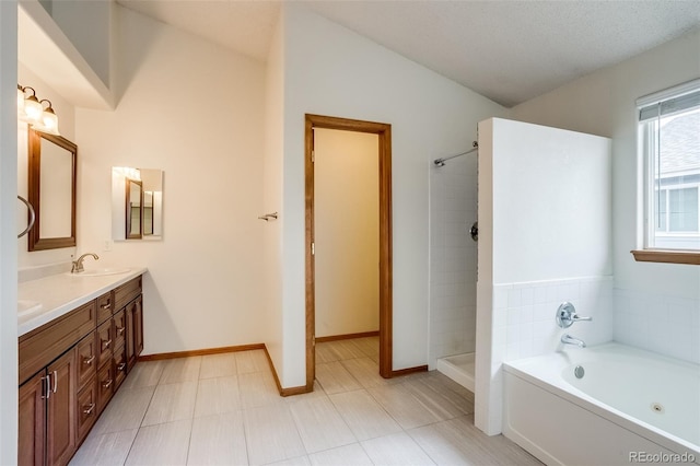 full bath featuring double vanity, baseboards, a bath, a tile shower, and a sink