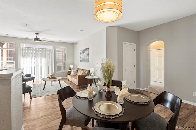 dining space with ceiling fan and light wood-type flooring