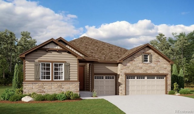 craftsman house featuring a shingled roof, driveway, and a garage