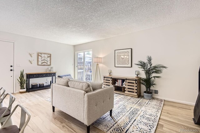 living room featuring wood finished floors, a textured ceiling, and baseboards