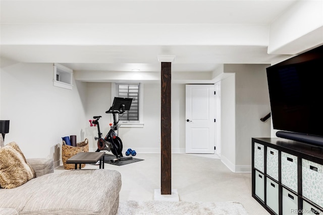 workout area with light colored carpet