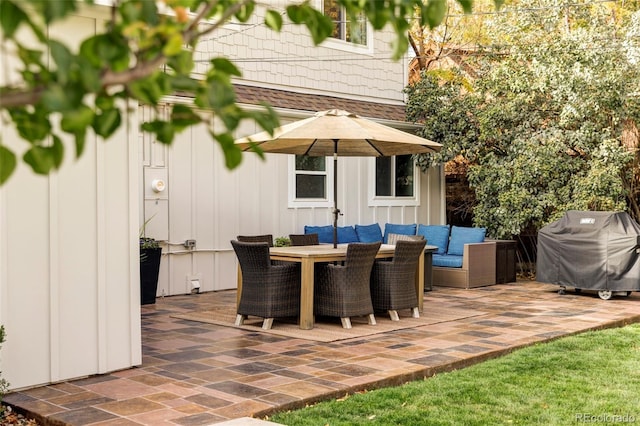 view of patio / terrace featuring an outdoor living space and a grill