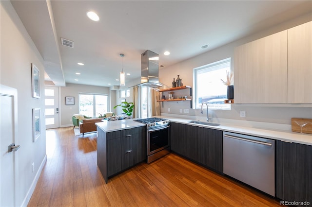 1355 Zenobia St, Denver, CO 80204 - kitchen with a sink, appliances with stainless steel finishes, modern cabinets, light countertops, and island range hood