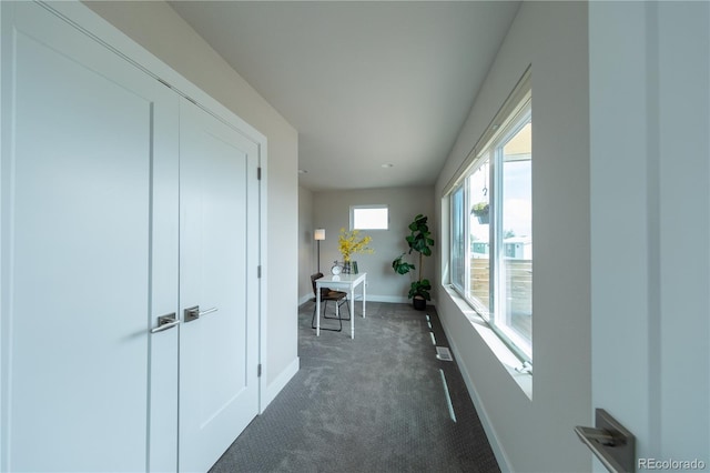 1355 Zenobia St, Denver, CO 80204 - hallway featuring baseboards and dark colored carpet