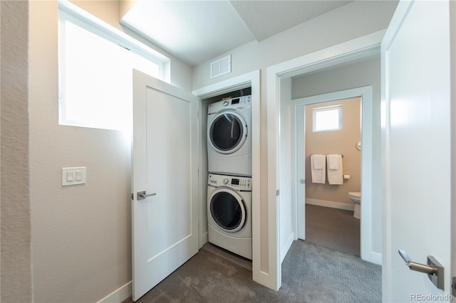 1355 Zenobia St, Denver, CO 80204 - laundry area with stacked washer / dryer, dark carpet, and baseboards