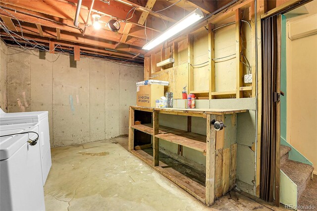 3354 W Arlington Ave, Littleton, CO 80123 - unfinished basement with washer and clothes dryer, a workshop area, and stairs