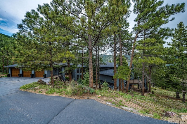 view of property hidden behind natural elements with a garage