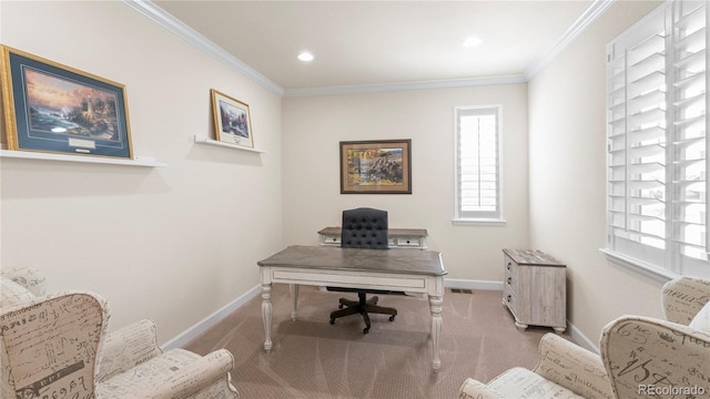 office space with baseboards, ornamental molding, and carpet floors