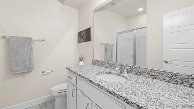 full bathroom featuring toilet, vanity, visible vents, a stall shower, and baseboards