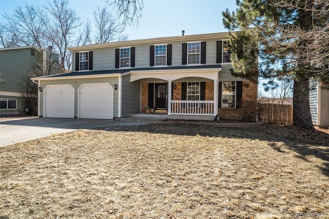 view of front of house with brick siding, a porch, concrete driveway, fence, and a garage