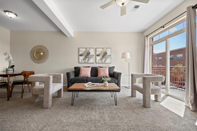 7883 W 55th Ave, Arvada, CO 80002 - living room with carpet flooring, a ceiling fan, and beam ceiling