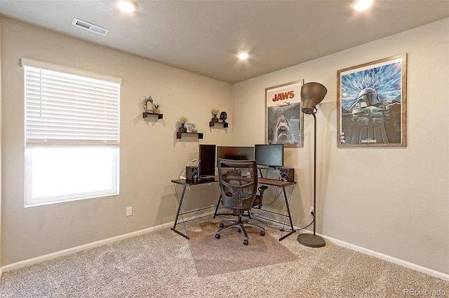 carpeted office featuring recessed lighting, visible vents, and baseboards