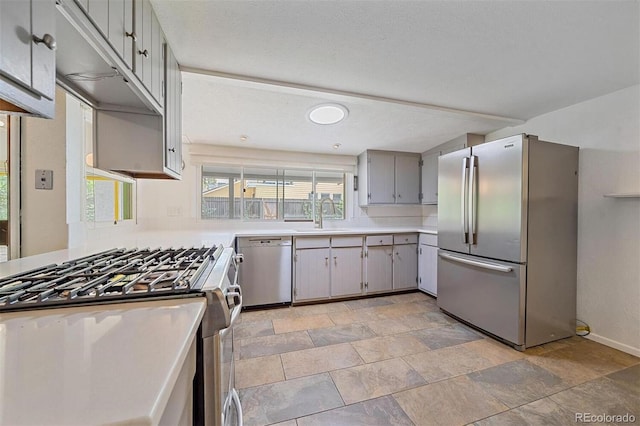 kitchen featuring gray cabinets, sink, and appliances with stainless steel finishes