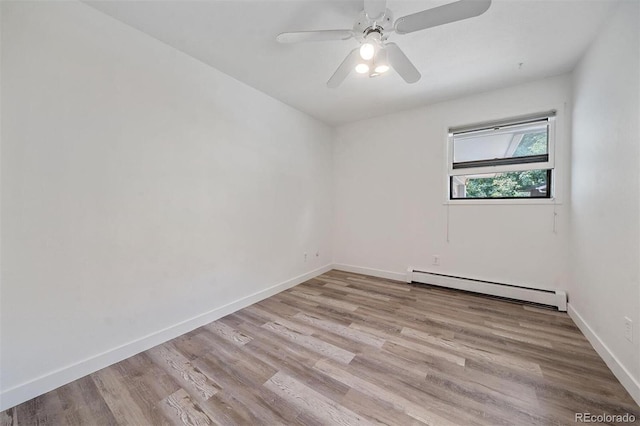 unfurnished room with light hardwood / wood-style flooring, a baseboard radiator, and ceiling fan