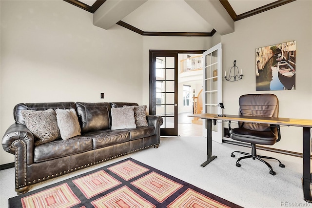 home office featuring french doors, crown molding, and carpet floors