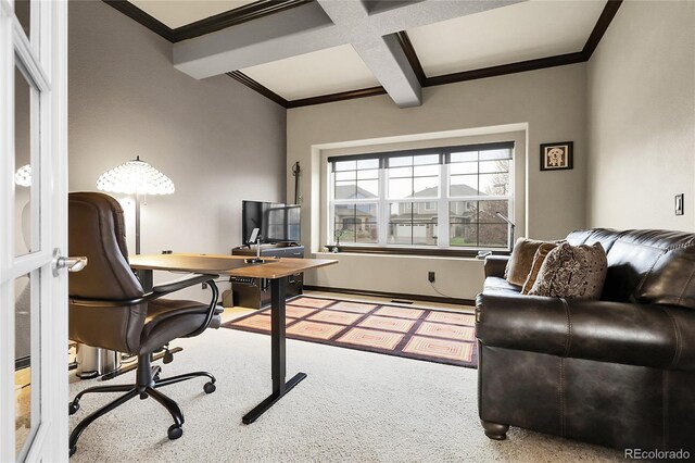 office space with coffered ceiling, ornamental molding, beam ceiling, and carpet flooring
