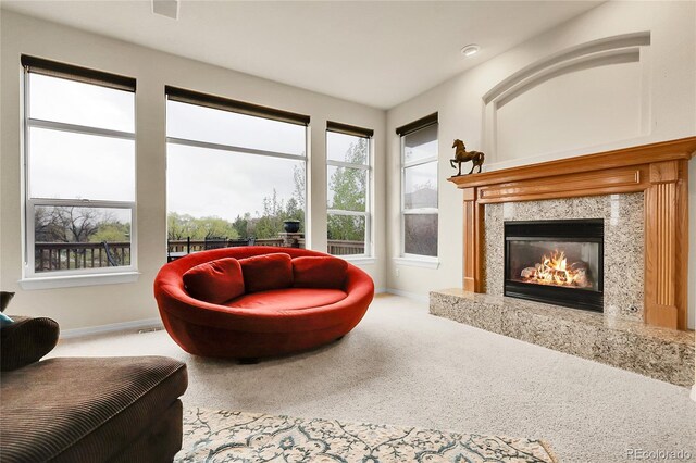 living area featuring baseboards, carpet flooring, and a premium fireplace