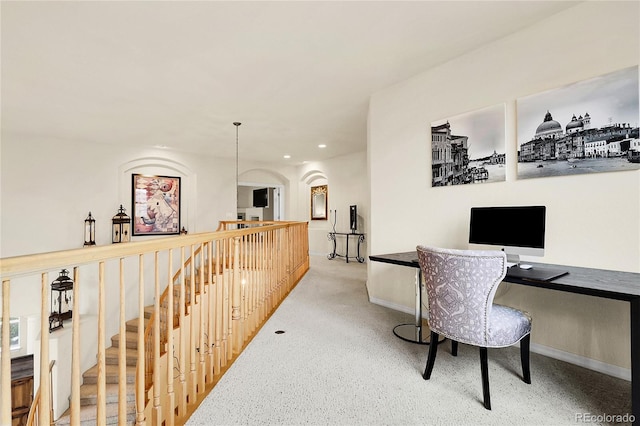 office space featuring recessed lighting, carpet flooring, and baseboards