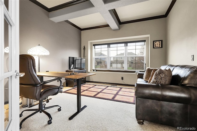 23965 E Kettle Pl, Aurora, CO 80016 - office with coffered ceiling, crown molding, beamed ceiling, and carpet