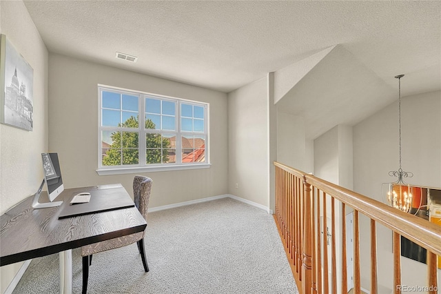 23965 E Kettle Pl, Aurora, CO 80016 - office area with a chandelier, carpet floors, and a textured ceiling