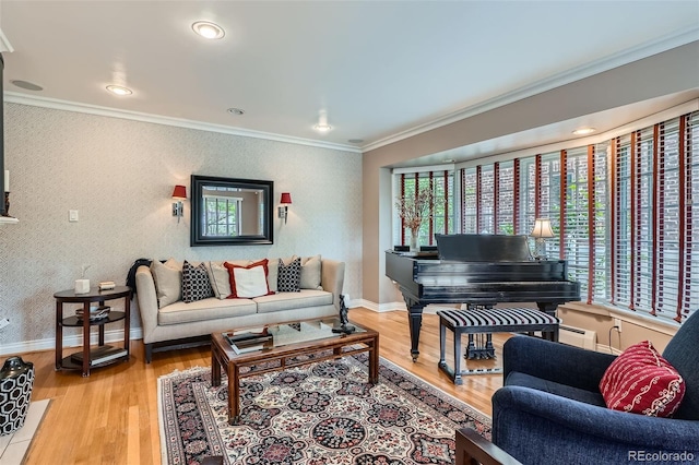 824 S Medea Way, Denver, CO 80209 - living room with crown molding, light wood finished floors, baseboards, and baseboard heating