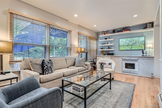 824 S Medea Way, Denver, CO 80209 - living room with a fireplace, light wood-style floors, recessed lighting, and a baseboard radiator