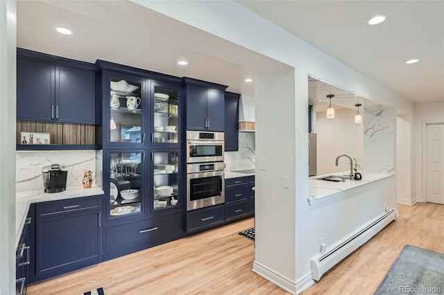 824 S Medea Way, Denver, CO 80209 - bar area featuring baseboard heating, a sink, decorative backsplash, light wood finished floors, and recessed lighting