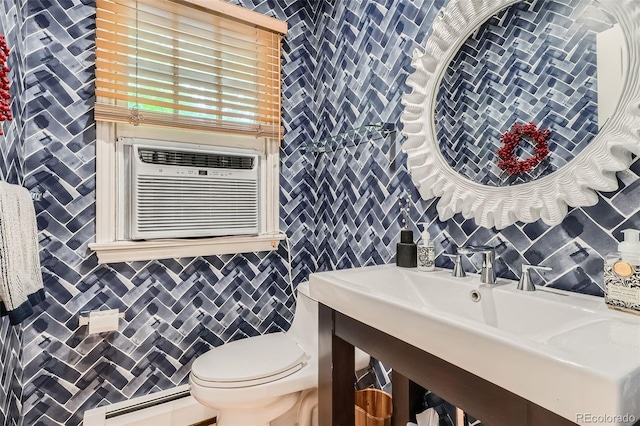 824 S Medea Way, Denver, CO 80209 - bathroom featuring a sink, toilet, decorative backsplash, tile walls, and cooling unit
