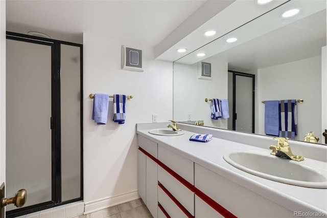 824 S Medea Way, Denver, CO 80209 - full bathroom featuring recessed lighting, a stall shower, double vanity, and tile patterned floors